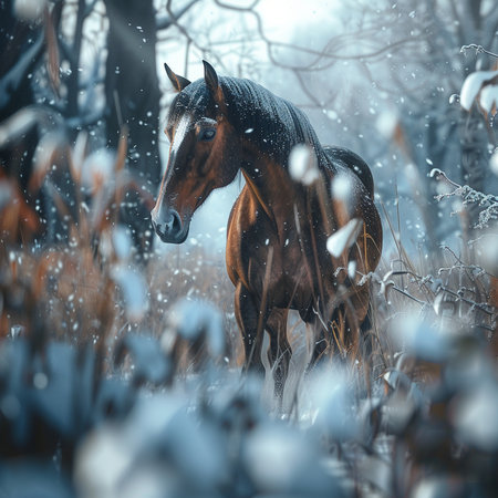 Beautiful bay horse in winter forest. Fantasy toned image.の素材
