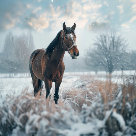 Beautiful bay horse in the field at winter time. Beautiful winter landscape.の素材
