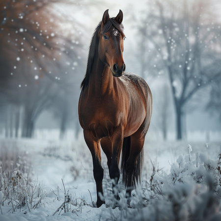 Beautiful bay stallion standing in winter forest with falling snow.の素材
