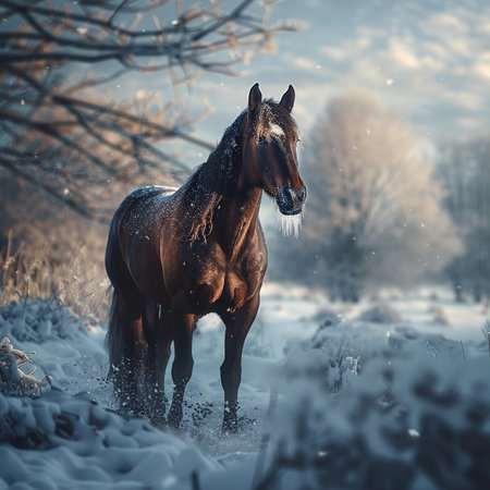 Beautiful bay stallion standing in winter field with snowflakesの素材