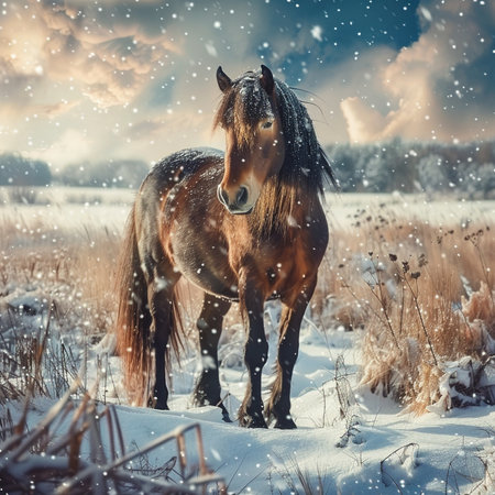 Horse portrait in winter field with snowflakes. Vintage styles.の素材