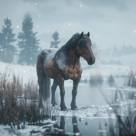 Beautiful bay stallion standing in a frozen lake in winter.の素材