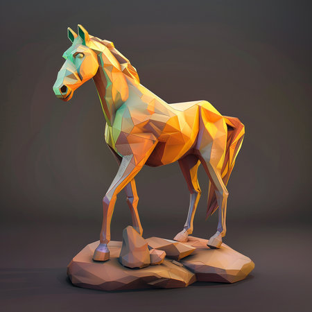 Polygonal horse standing on a stone. 3d illustration.の素材