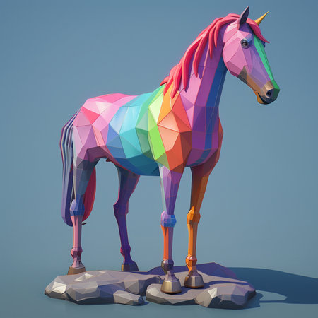Colorful polygonal horse on the rock. 3d renderingの素材