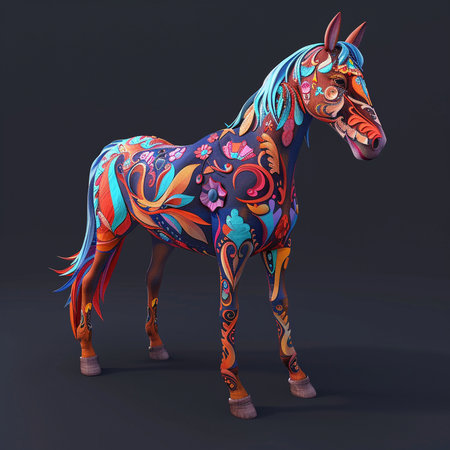 Horse with colorful patterns on its body. 3d illustration.の素材