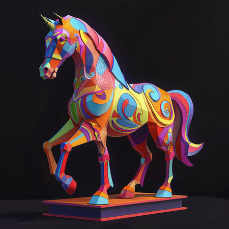 Unicorn on a pedestal. Vector illustration on black background.の素材