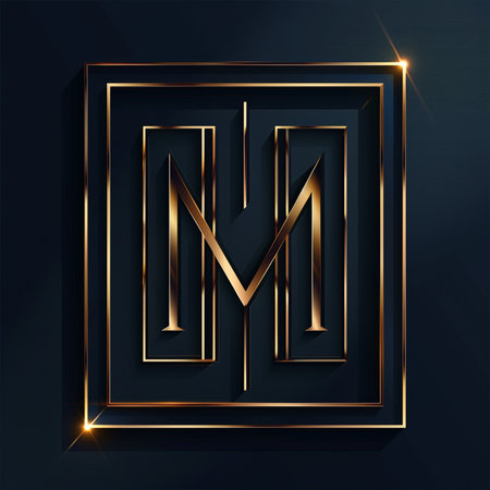 Luxury golden letter M in a square frame. Vector illustration.の素材