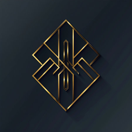 Abstract geometric shape with golden line on dark background. Vector illustration.の素材