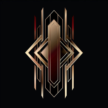 Vector illustration of abstract geometric shape in gold color on black background.の素材