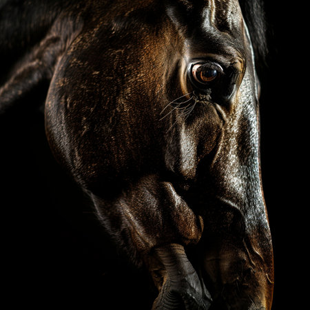 Close-up portrait of a thoroughbred horse on a black backgroundの素材