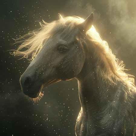 Portrait of a beautiful white horse with long mane in the rays of lightの素材