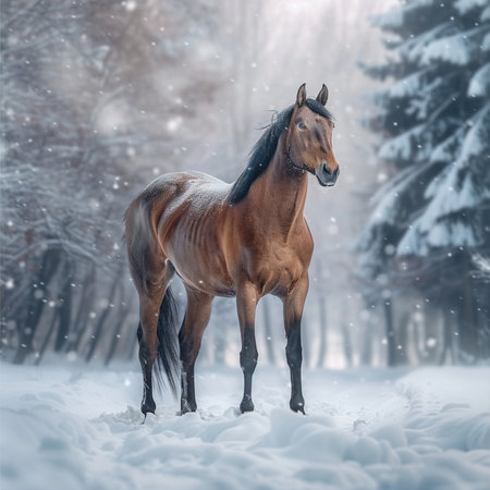 Beautiful bay horse in winter forest. Snowfall. Toned.の素材