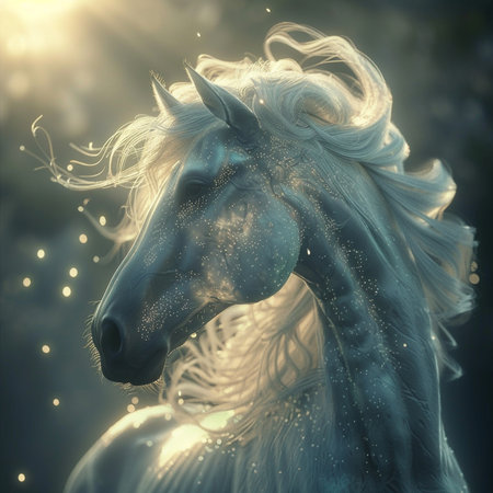 Beautiful white horse with blue mane and long mane in the sunlightの素材
