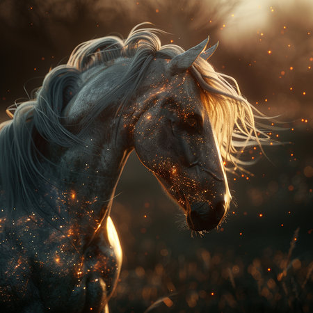 Horse portrait in the light of the setting sun with a long maneの素材