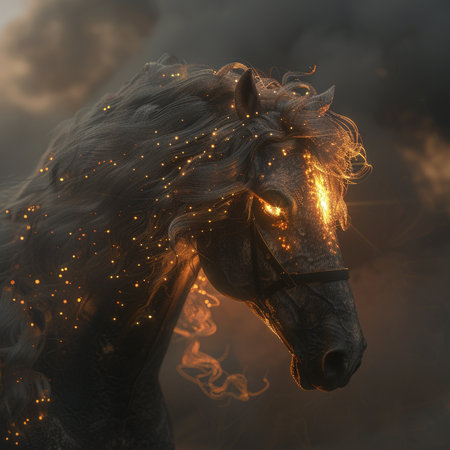 Horse with fire and smoke on black background, 3d illustrationの素材