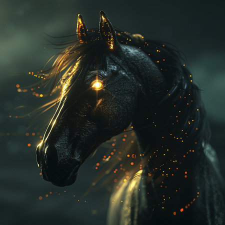 Fantasy portrait of a black horse with golden lights on its maneの素材