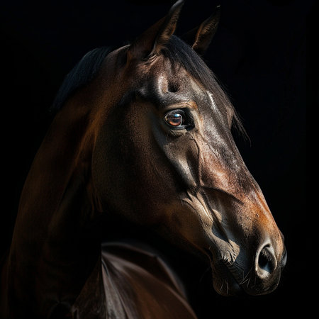 Portrait of a bay horse in the studio on a black backgroundの素材