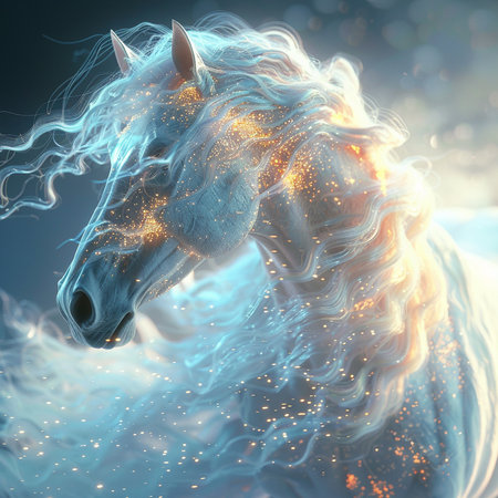 Magic white horse with blue mane and long mane. 3D renderingの素材
