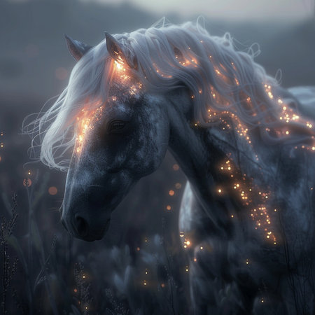 Horse in the field with lights in the background. 3d renderingの素材