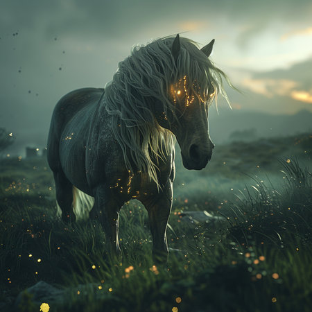 Beautiful horse with long mane on the field at sunrise.の素材