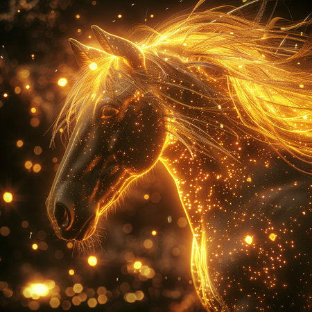 Fantasy horse with long mane in the rays of light.の素材