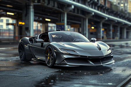 3D rendering of a brand-less generic concept car in the streetの素材