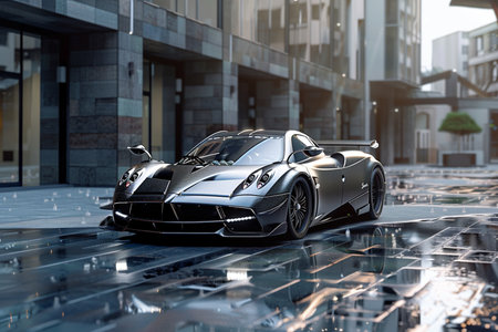 3D rendering of a brand-less generic concept car in the cityの素材