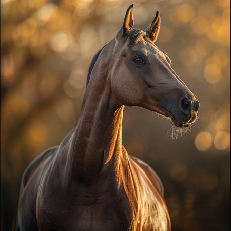 Portrait of a bay horse in the autumn forest at sunset.の素材