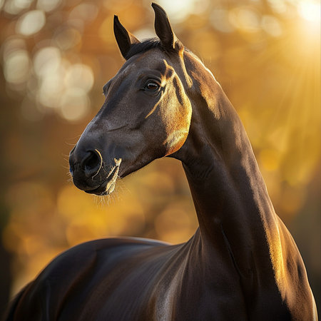Portrait of a bay horse in the autumn forest at sunset.の素材