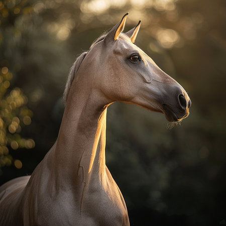 Portrait of a beautiful Arabian stallion in sunset lightの素材