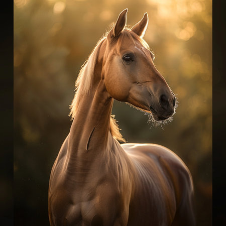 portrait of a bay stallion in the field at sunset lightの素材