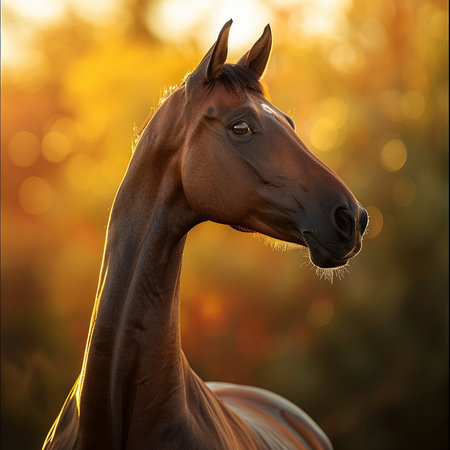 Portrait of a bay horse in the rays of the setting sunの素材
