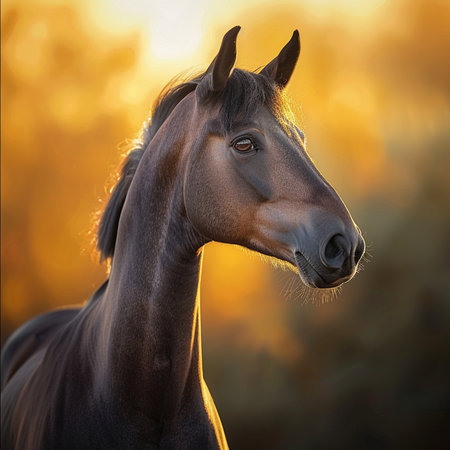 Beautiful bay horse portrait in the sunset light, close-upの素材