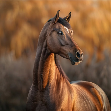 Portrait of a chestnut horse with long mane in the fieldの素材
