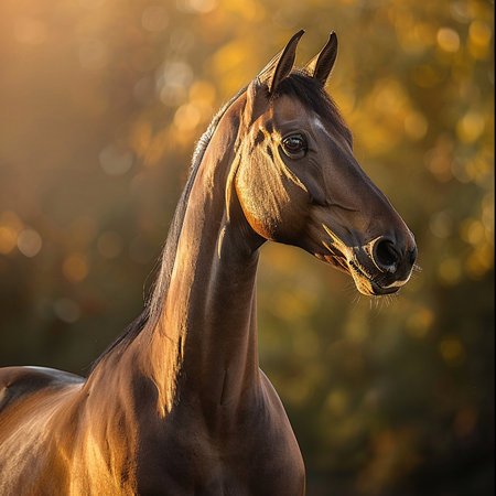Portrait of a beautiful bay horse in the autumn forest at sunsetの素材