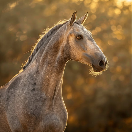 Portrait of a beautiful gray stallion in the field at sunsetの素材