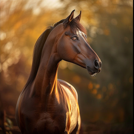 portrait of a bay horse in the field at sunrise in autumnの素材