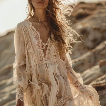 Beautiful girl in a white dress on the beach at sunset.の素材