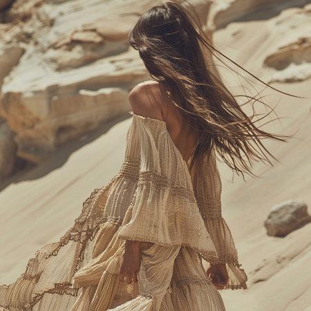Beautiful young woman in long dress walking on sand dune.の素材