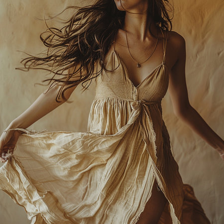 Beautiful young woman in beige dress with flying hair, studio shotの素材