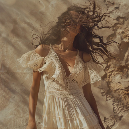 Portrait of a beautiful young woman in a white lace dress.の素材