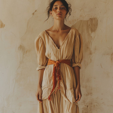 Portrait of a beautiful brunette girl in a long dress.の素材