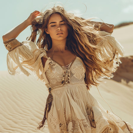Portrait of a beautiful young woman with long hair in the desertの素材