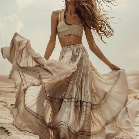 Beautiful girl in a long skirt walking on the sand in the desertの素材
