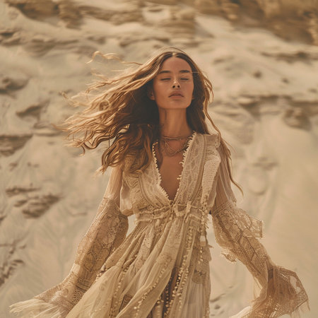 fashion outdoor photo of beautiful sensual woman with blond hair in elegant dress posing in desertの素材