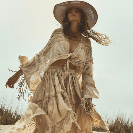Beautiful hippie girl in hat and dress on the beach.の素材