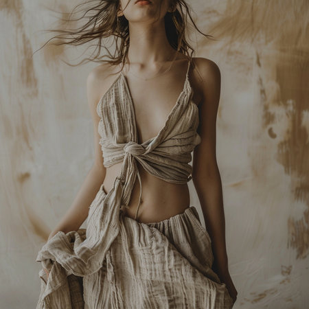 Portrait of a beautiful young woman in a beige summer dressの素材