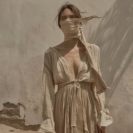 Beautiful young woman in a summer dress on a gray wall backgroundの素材