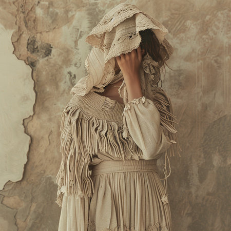 Portrait of a beautiful young woman in beige dress and hatの素材