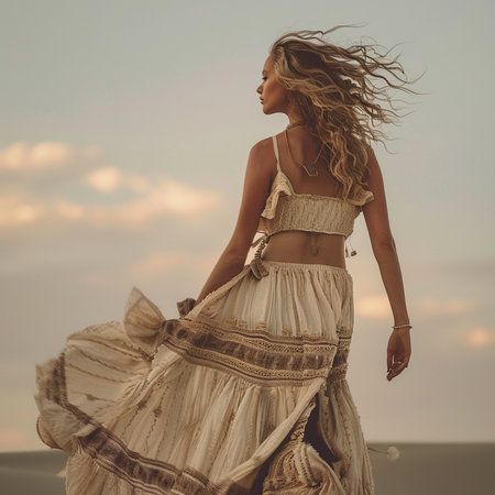 Beautiful girl in a long dress on the beach at sunset.の素材